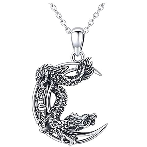 Justkidstoy Sterling Silver Gothic Crystal Celtic Dragon Moon Necklace