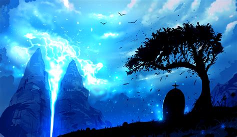 Download Blue Cloud Sky Lightning Bird Tree Grave Anime Original Blue