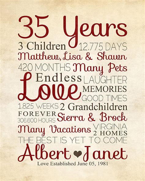 35th Anniversary Art Personalized T For Parents 35 Year Wedding