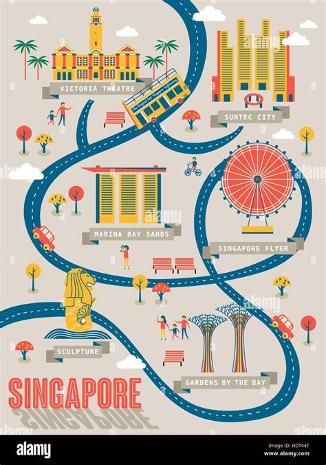Singapore Travel Map With Lovely Attractions In Flat Design Stock