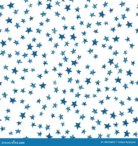 Starry Sky Seamless Pattern With Blue Monochrome Stars On White