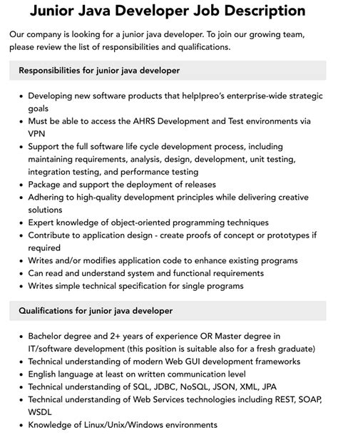 Junior Java Developer Job Description Velvet Jobs