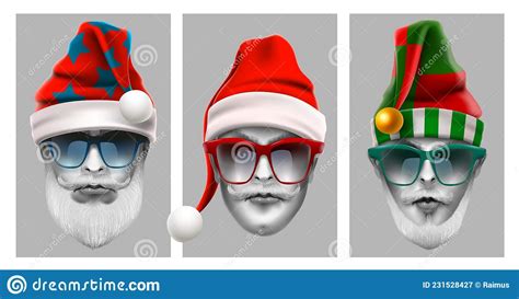 Realistic Set Of Comic Avatars Of Trendy Santa Claus Hipsters Stylish