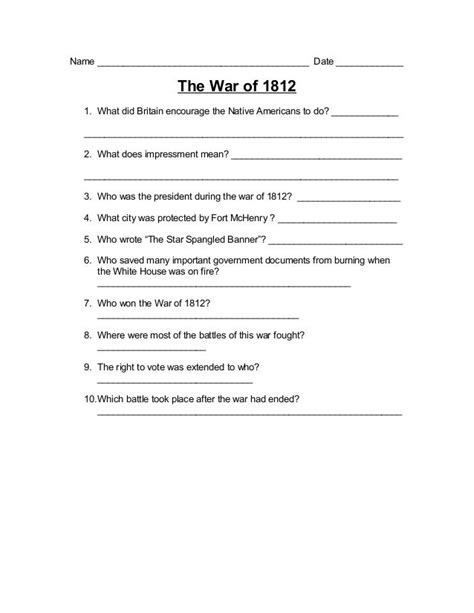 The War Of 1812 Worksheet
