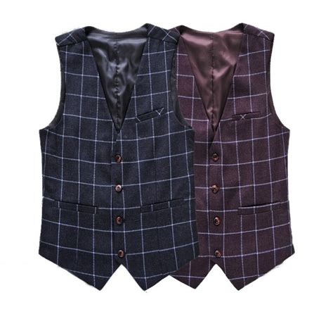 Designer Brand Plaid Suit Vest Men V Collar Dress Slim Fit Waistcoat