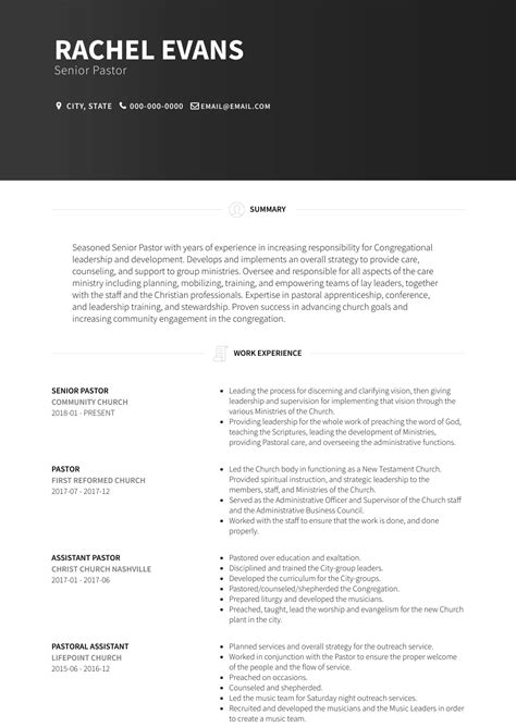 A number of documents are available here to guide you through the. Lead Pastor - Resume Samples and Templates | VisualCV