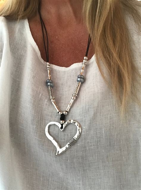 Long Heart Necklace Woman Leather Necklace Hippie Love Etsy