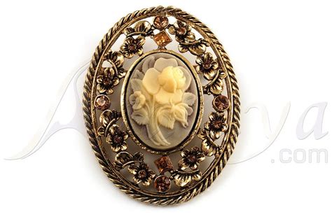Vintage Floral Crystal Cameo Brooch Antique Gold Finish