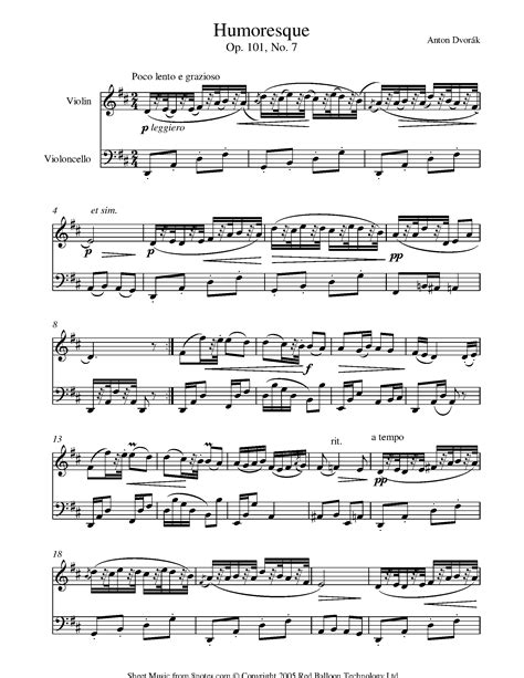 ﻿dvořák Humoresque Op 101 No 7 Sheet Music For Violin Cello Duet