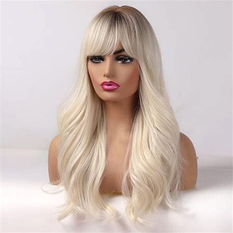 Ombre Beach Blonde Body Wave Wig With Bangs Etsy Wigs With Bangs Long Blonde Wig Long Bob