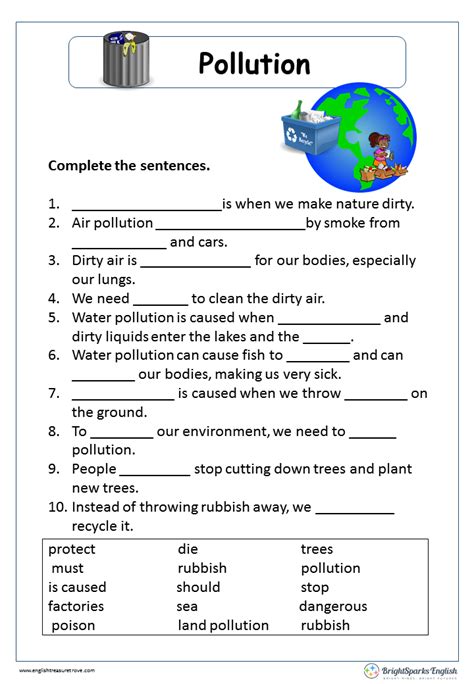 Pollution Cloze Passage English Reading Worksheet English Treasure Trove