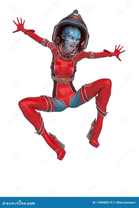alien queen in a red sci fi outfit is thinking about in a white background stock illustration