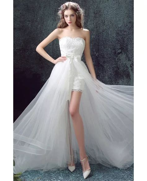Strapless Lace Short Bridal Dress With Long Detachable Skirt Wholesale T69601