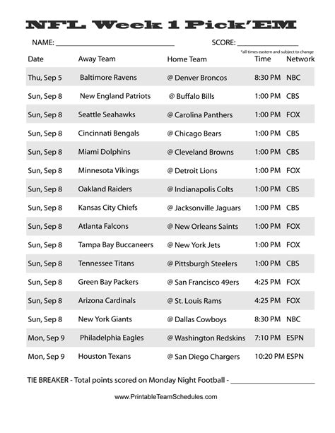 Printable NFL Weekly Pick EM Sheet Nfl Nfl Weekly Picks Cbs