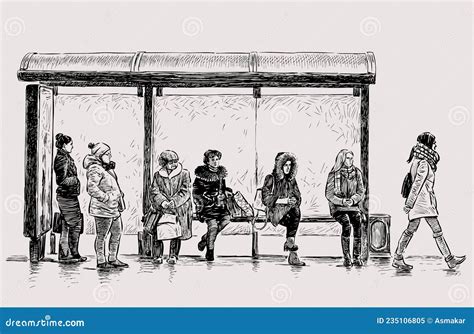 Hand Drawing Of Various Casual City Women In Waiting On Bus Stop Stock