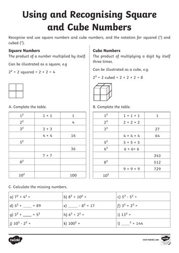 Square And Cube Numbers Worksheet Year 5