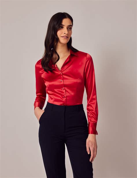 Womens Fitted Satin Shirt With Double Cuff In Red Hawes And Curtis Usa