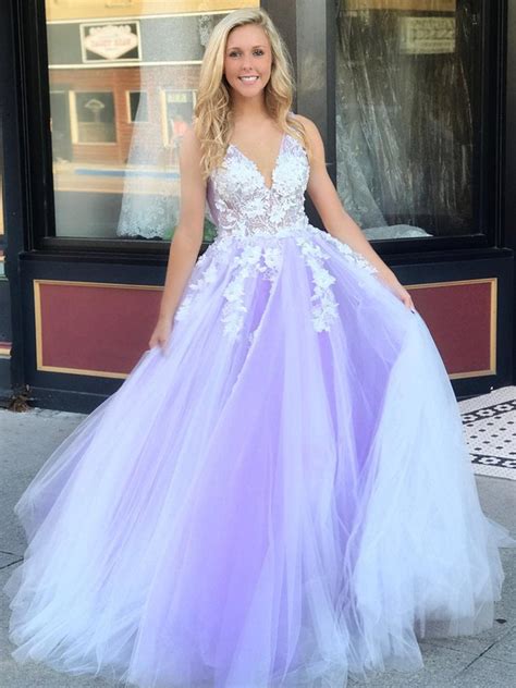 V Neck Open Back White Lace Appliques Top Purple Tulle Long Prom Dress