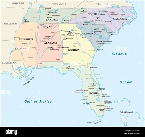 Administrative Vector Map Of The States Of The Southeastern United