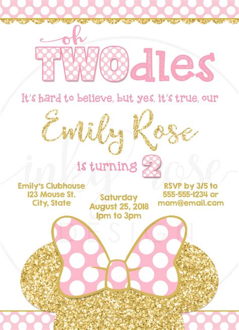 Oh Twodles Pink And Gold Minnie Mouse Invitation 2nd Birthday Etsy