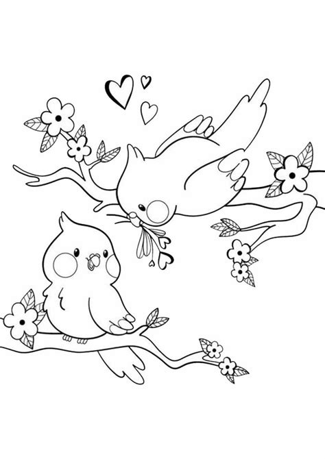 Two Birds On A Branch With Flowers And Hearts