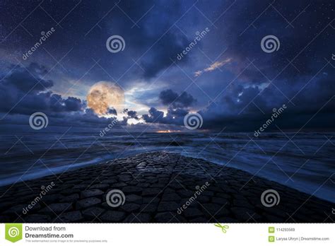 Dreamy Night Landscape Ocean And Sky In Moon Light Stock Image Image