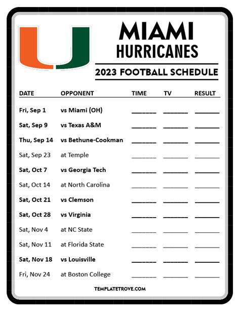 Printable 2023 Miami Hurricanes Football Schedule