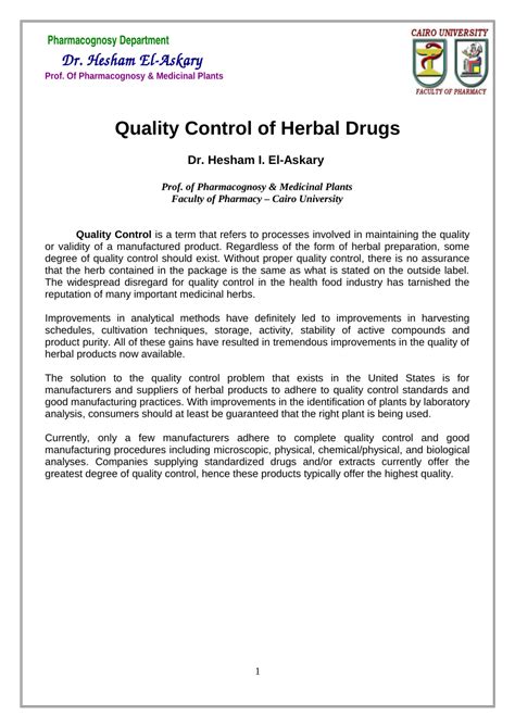 Pdf Quality Control Of Herbal Drugs
