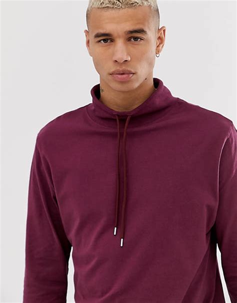 Asos Design Relaxed Long Sleeve T Shirt With Cord Chunky Neck In Red Asos
