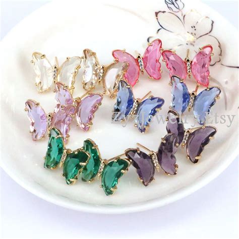 5 10 Pairs Colorful Crystal Butterfly Stud Earrings For Women Etsy