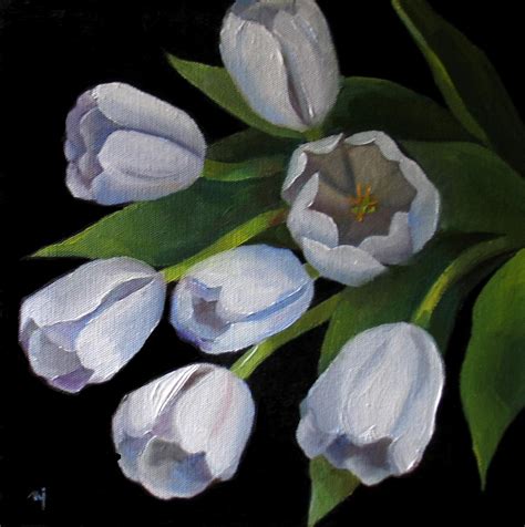 Nels Everyday Painting White Tulips On Black Sold