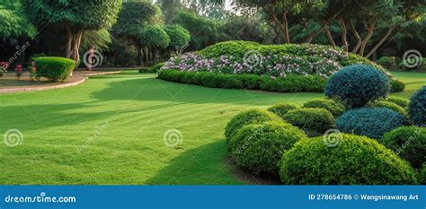 Park Outdoor Manicured Lawn And Flowerbed Ai Generated Image Stock