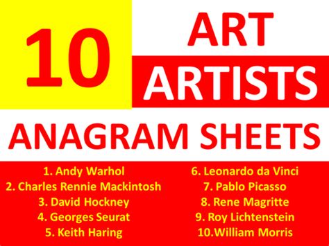 10 X Art Artist Anagram Sheets Ks3 Gcse Anagrams Keyword Starter Cover
