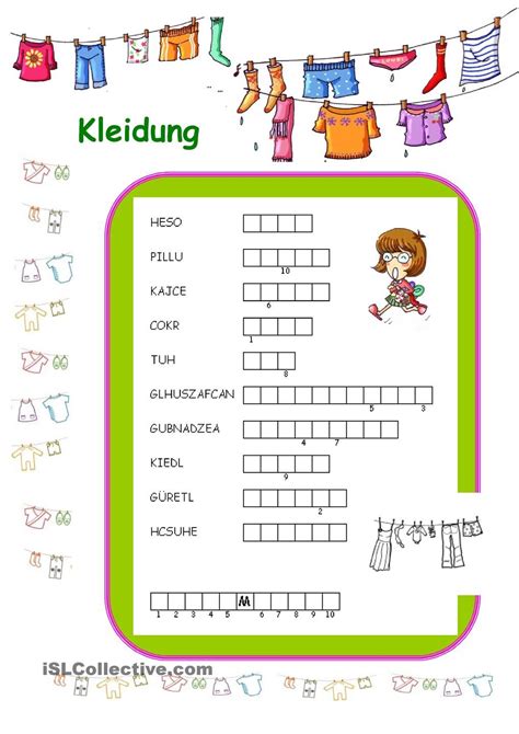 Deutsch übungsblätter zum ausdrucken : Kleidung | Spiele im unterricht, Kreuzworträtsel für kinder, Deutsch lernen