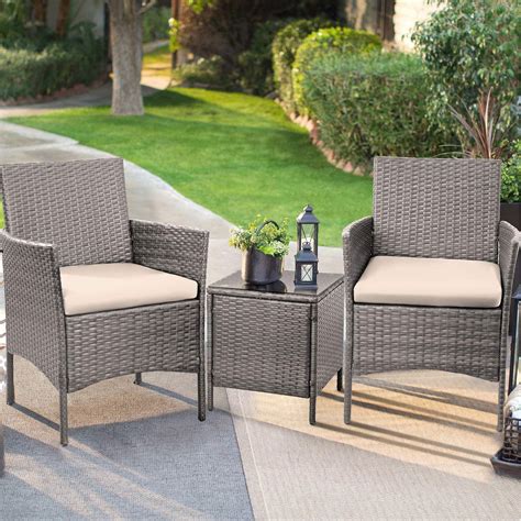 Buy Lacoo 3 Pieces Outdoor Patio Furniture Gray Pe Rattan Wicker Table
