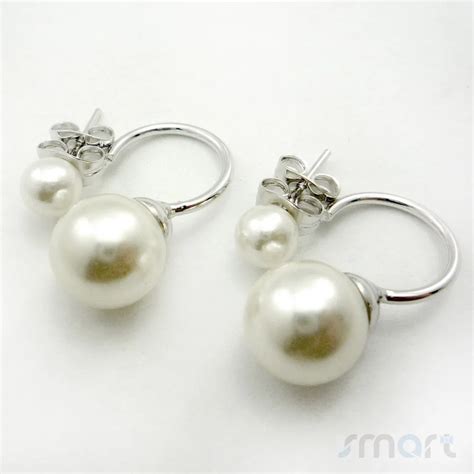White Women Fashion Double Sides Pearl Ball Earring Studs Silver