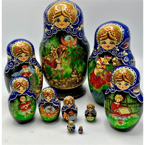 Vintage Hand Painted Signed Matryoshka With Fairy Tale Theme 10 Piece Russian Nesting Dolls
