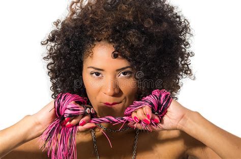 Exotic Beautiful Young Girl Dark Curly Hair Holding Whip Posing Photos