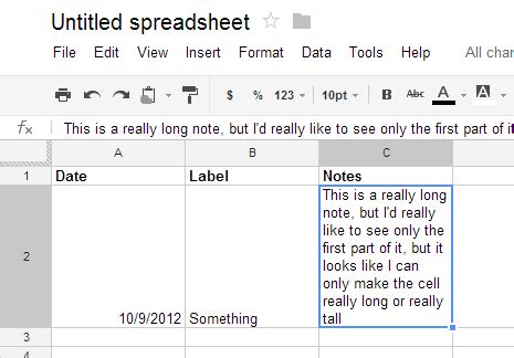 Usually, google sheets is pretty good about handling this. Prevent the cell from expanding to the size of cell ...