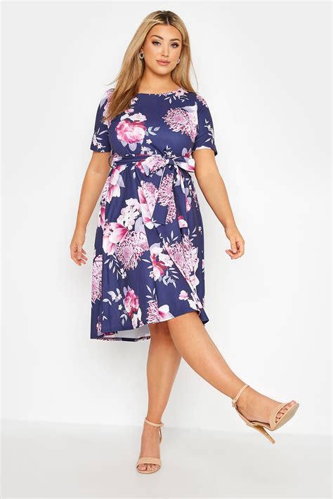yours london plus size navy blue floral print midi skater dress yours clothing
