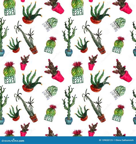 Seamless Pattern Of Six Watercolor Cacti Of Different Types In Pots