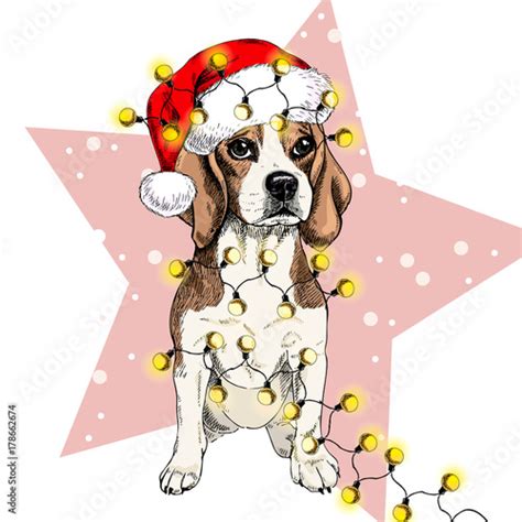 Vector Portrait Of Beagle Dog Wearing Santa Hat Christmas Lights