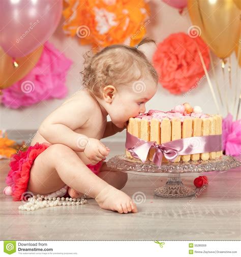 Cute Baby Girl Celebrates Birthday One Year Stock Image