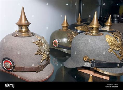 Spiked German Ww1 Helmets Exhibit Inside Passendale Museum Near Ypres