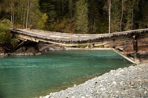 Mountain River And Old Wooden Bridge — Stock Photo © Petrichuk 2685336