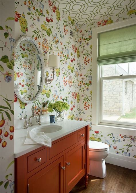 Statement Bathroom With Floral Print Wallpaper Burnt Orange Vanity