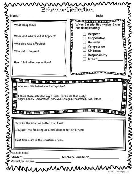 Behavior Reflection Sheet Single Page Pinteres