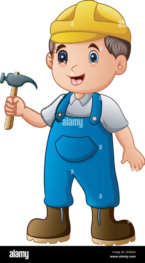 Vector Illustration Of Cartoon Construction Worker With Hammer Stock