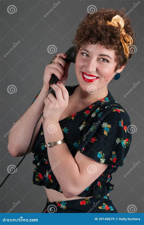 Pinup Girl Smiles While On Black Telephone Stock Image Image Of