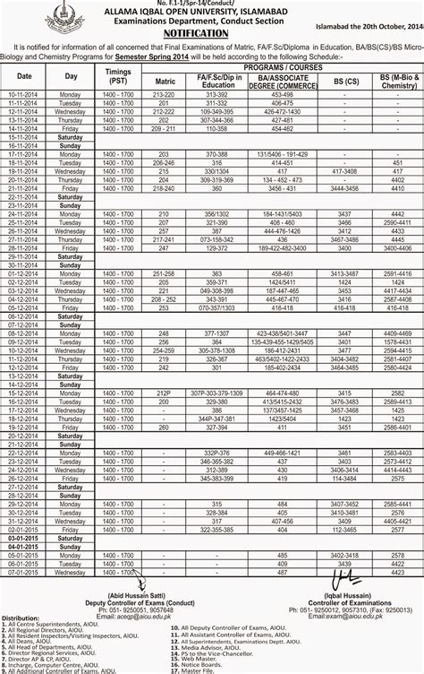 Date Sheet Aiou Matricfafscbabscattc Ptc Ct And Bed Programs